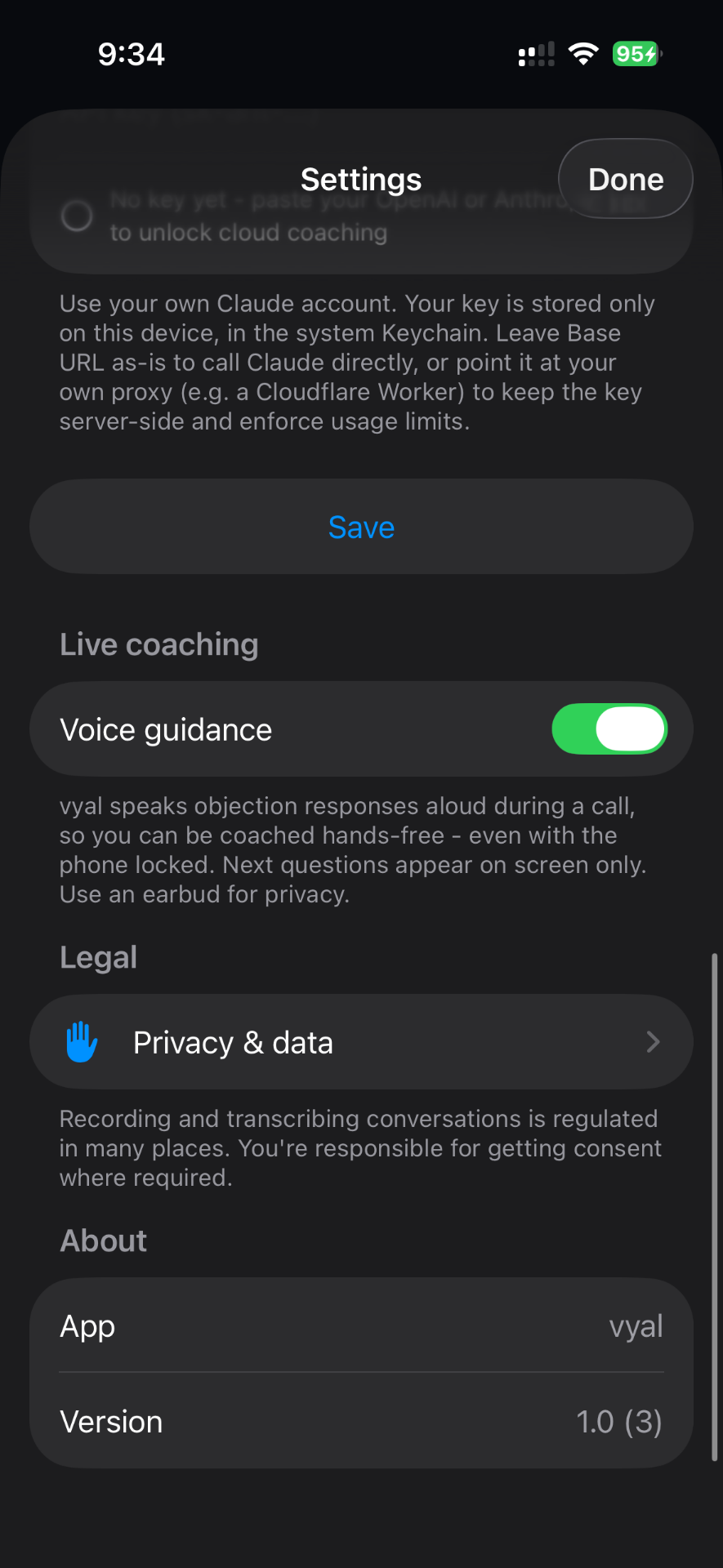 Vyal settings with on-device privacy controls