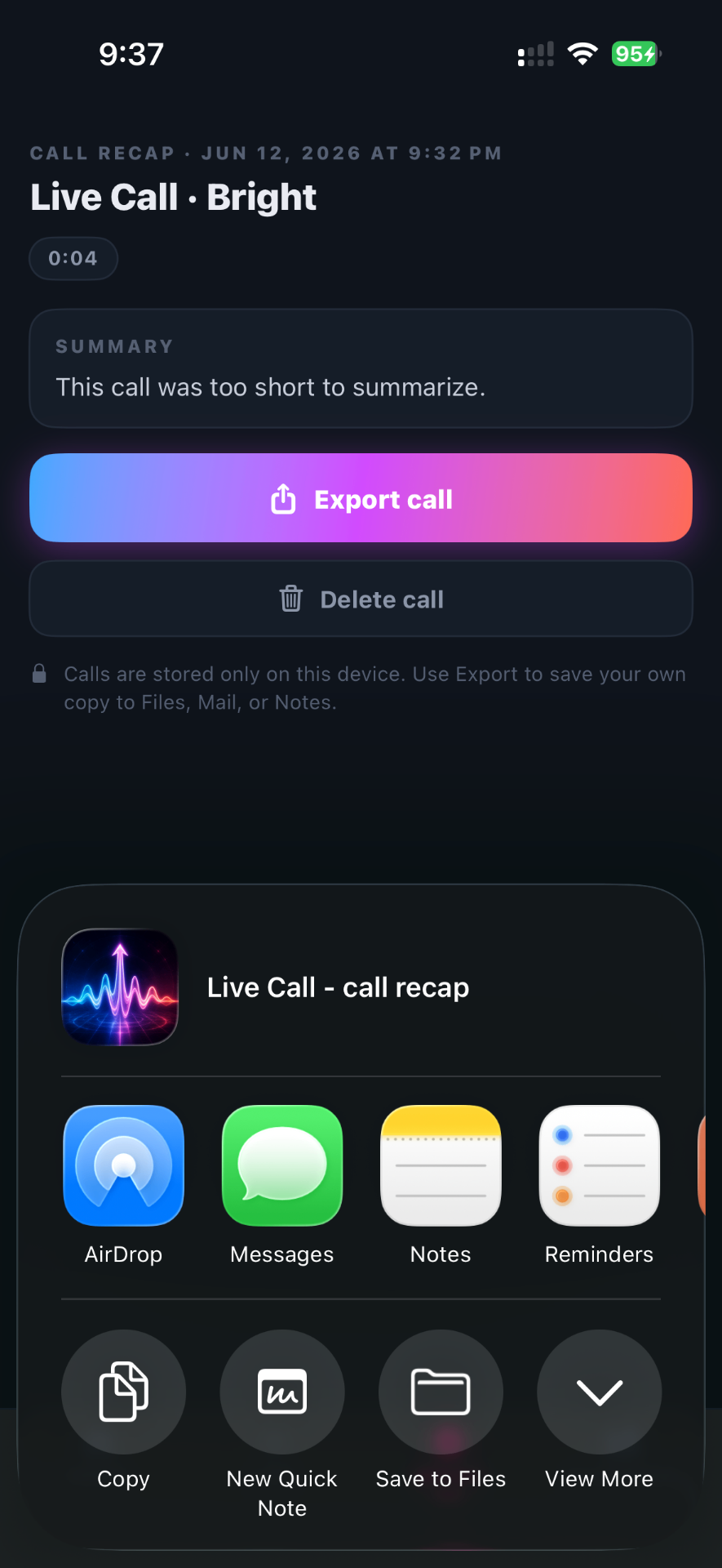 Vyal export call recap sheet