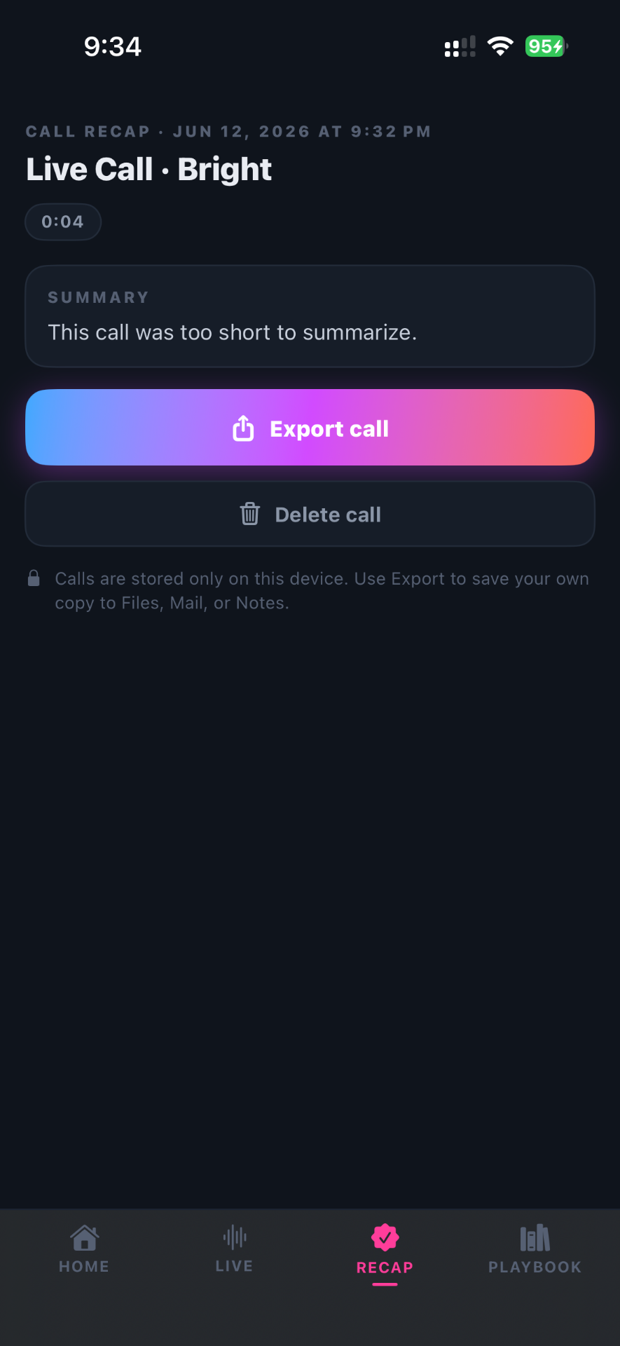 Vyal call recap with score and summary